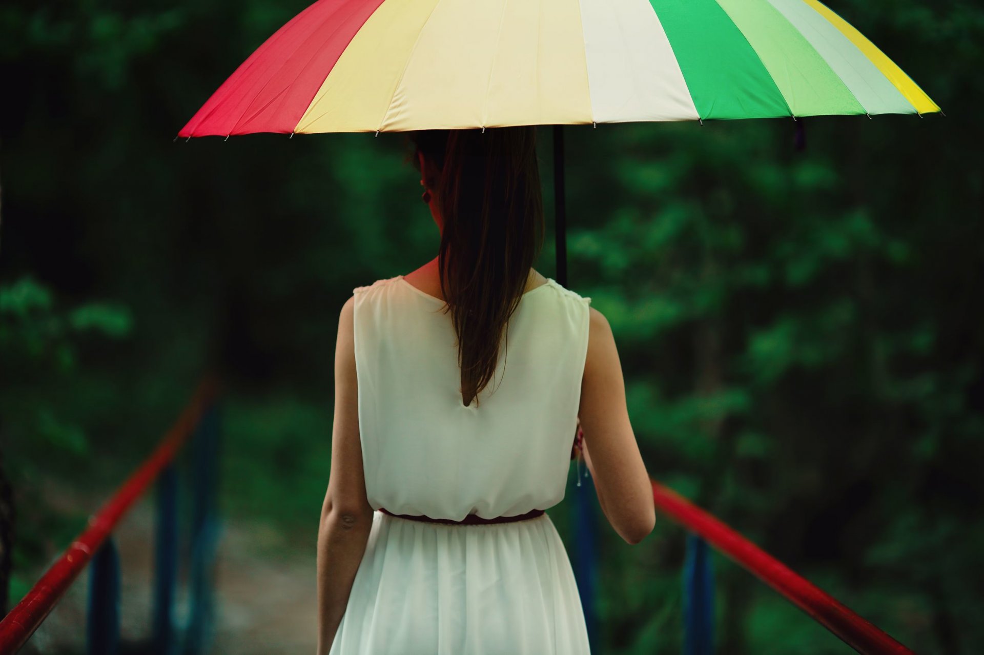 mood girl brunette umbrella umbrella color rain weather blur fence bridge background wallpaper widescreen fullscreen widescreen