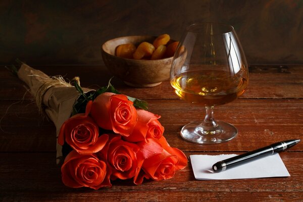 Still life Roses Cognac dried fruits pen notepad