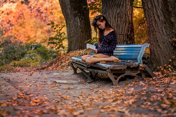 Jeune fille lisant un livre sur un banc dans le parc d automne