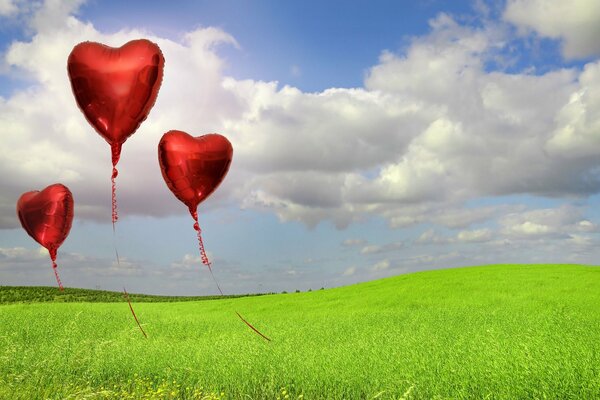 Globos rojos en forma de corazones entre la hierba y el cielo