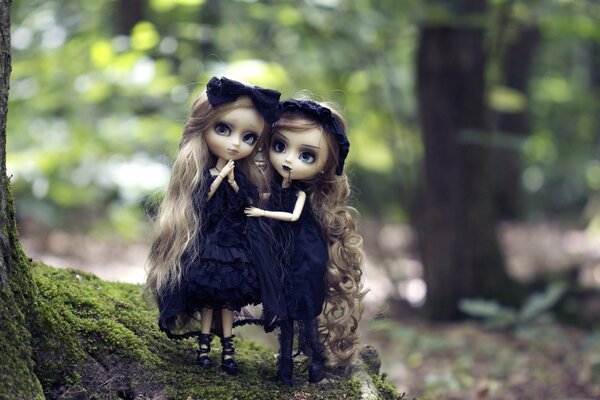 Muñecas góticas. Pequeñas muñecas con el pelo largo. Muñecas en la naturaleza