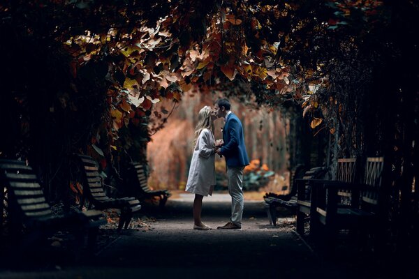 Ein romantisches Date in der späten Stunde unter dem Schatten einer Allee