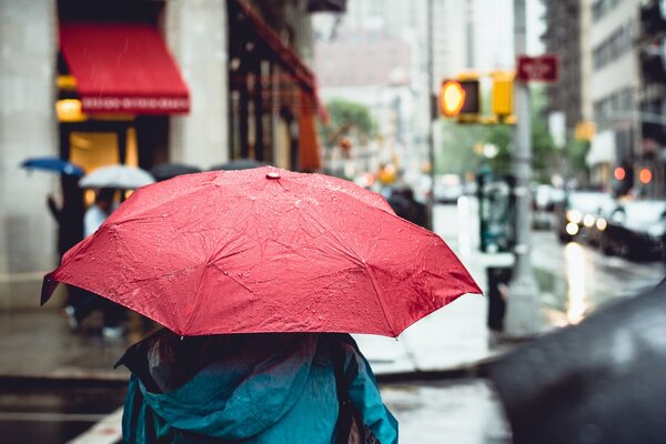 A man with an umbrella on the streets of the city