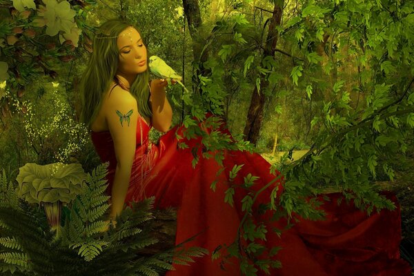 Art painting of nature and a girl with a parrot