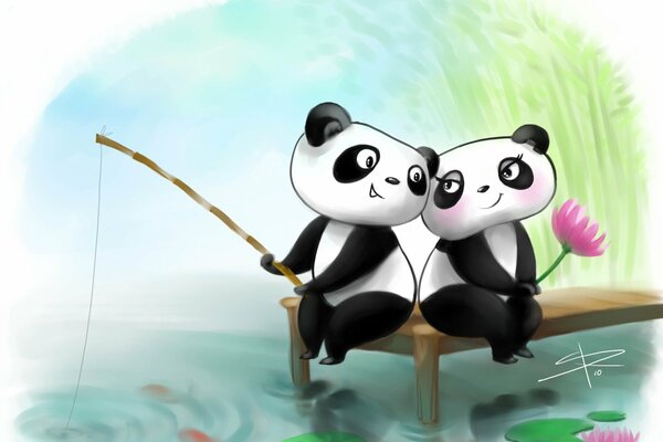 Dibujo de dos pandas en la Pesca