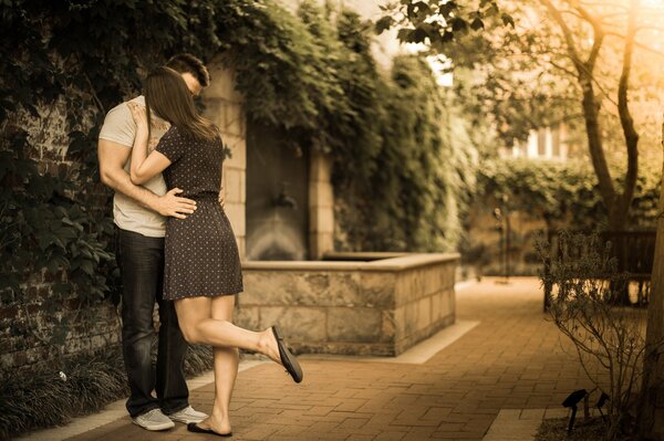 A couple in love near the wall