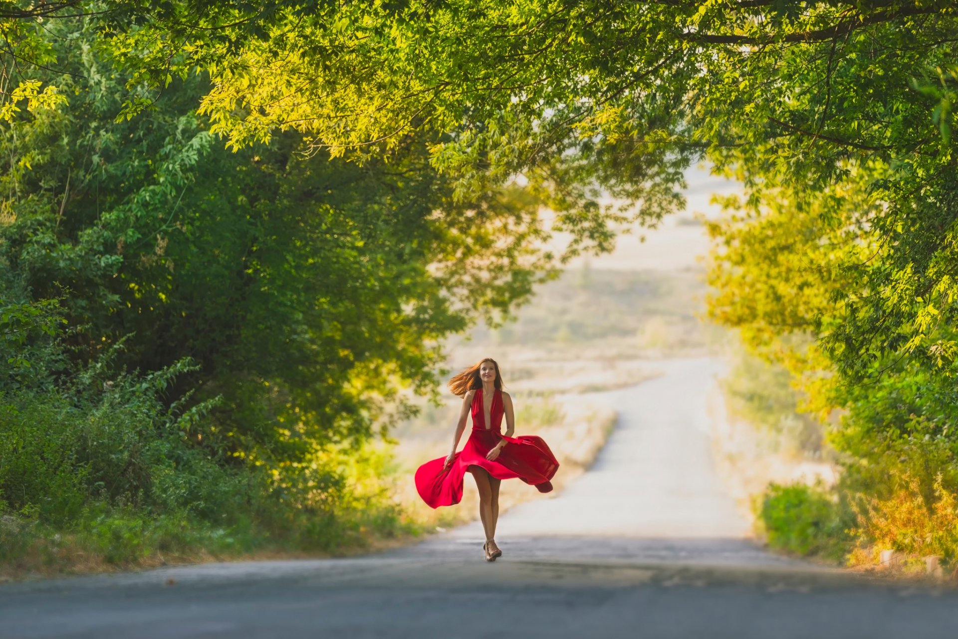 lady in red girl in red dress road gait red hair