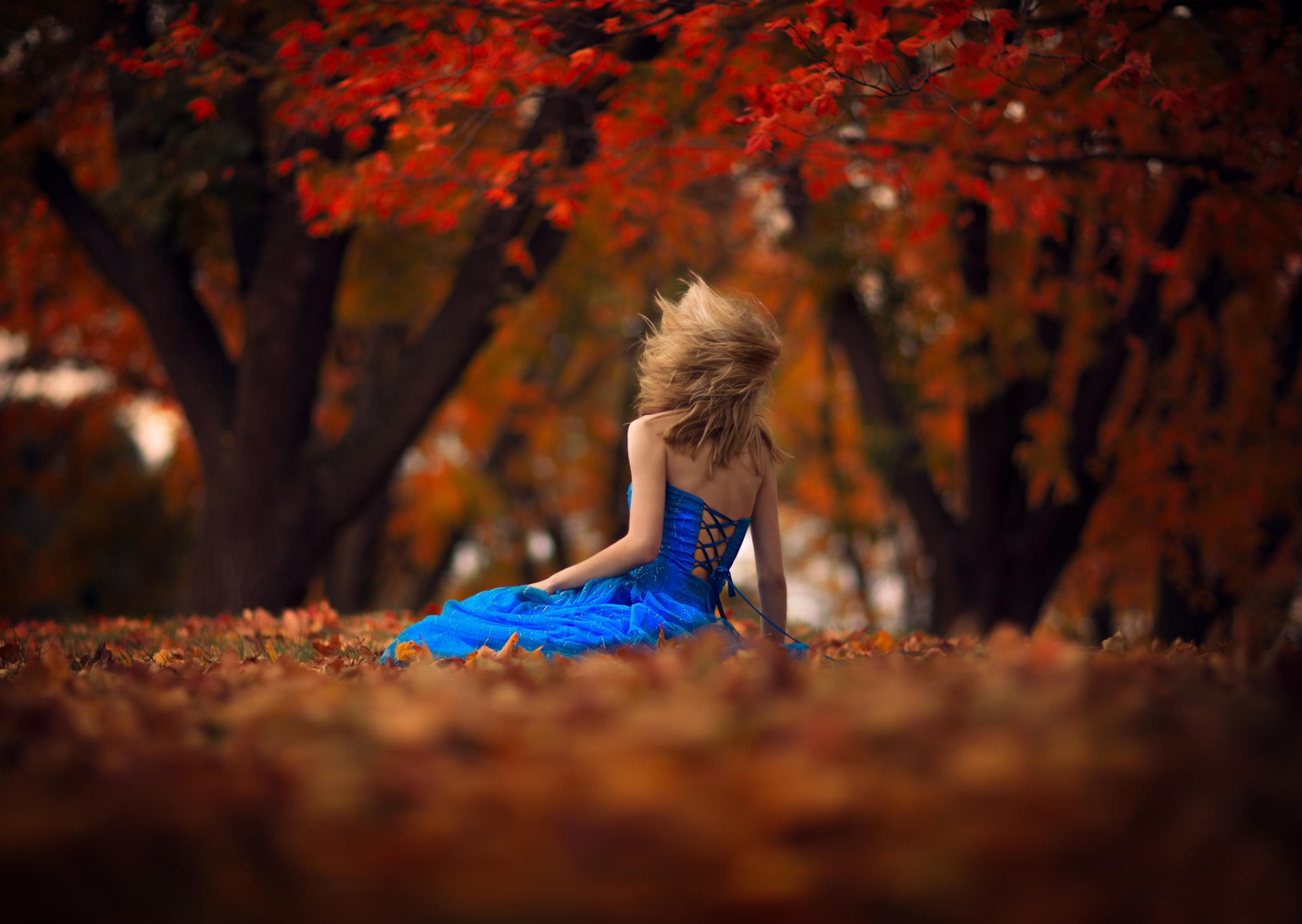 chica vestido otoño viento hojas bokeh