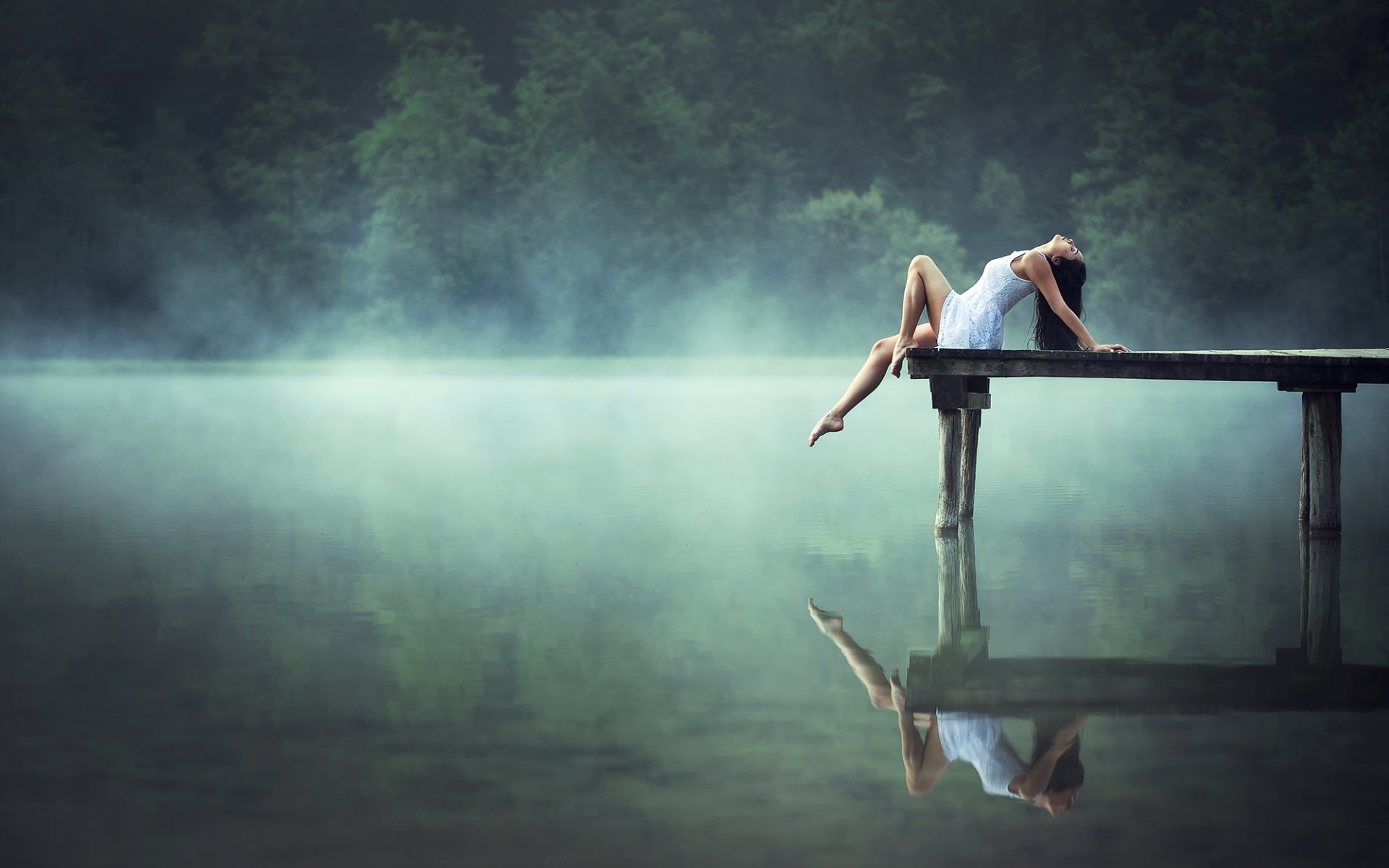 girl lake morning reflection