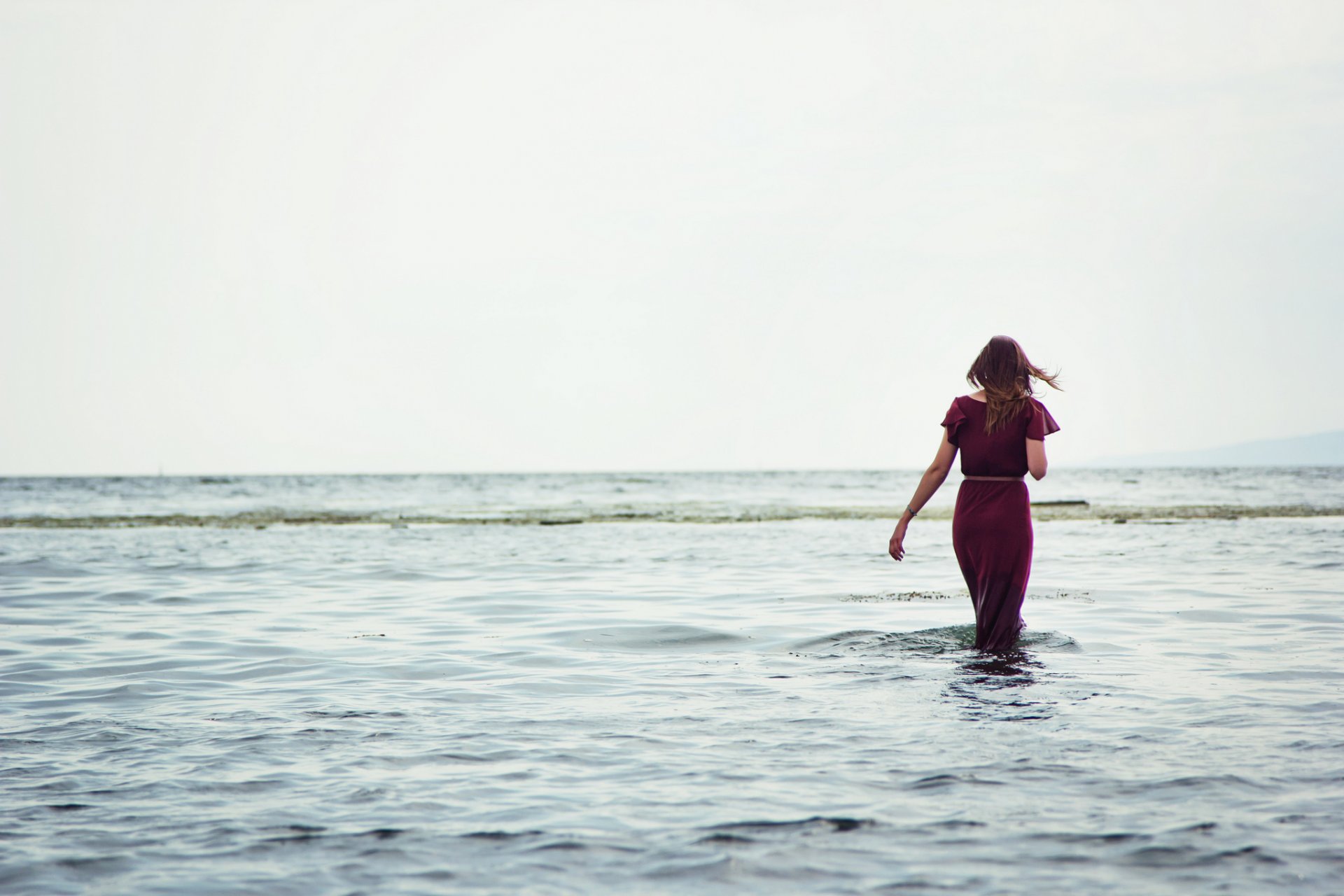 mood girl brunette . dress wind breeze water sea river horizon background wallpaper widescreen full screen hd wallpapers fullscreen