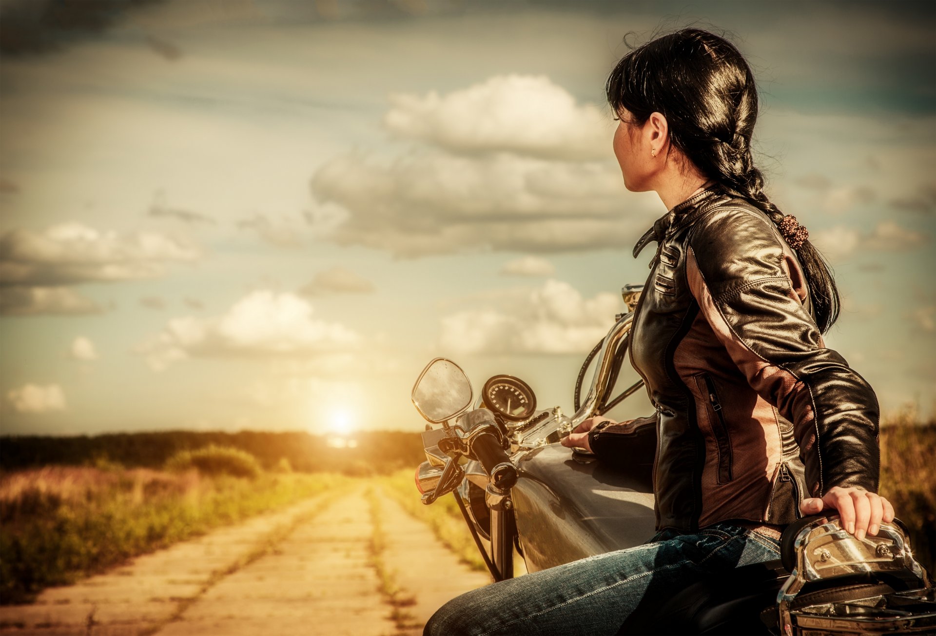 girl bike road sunset