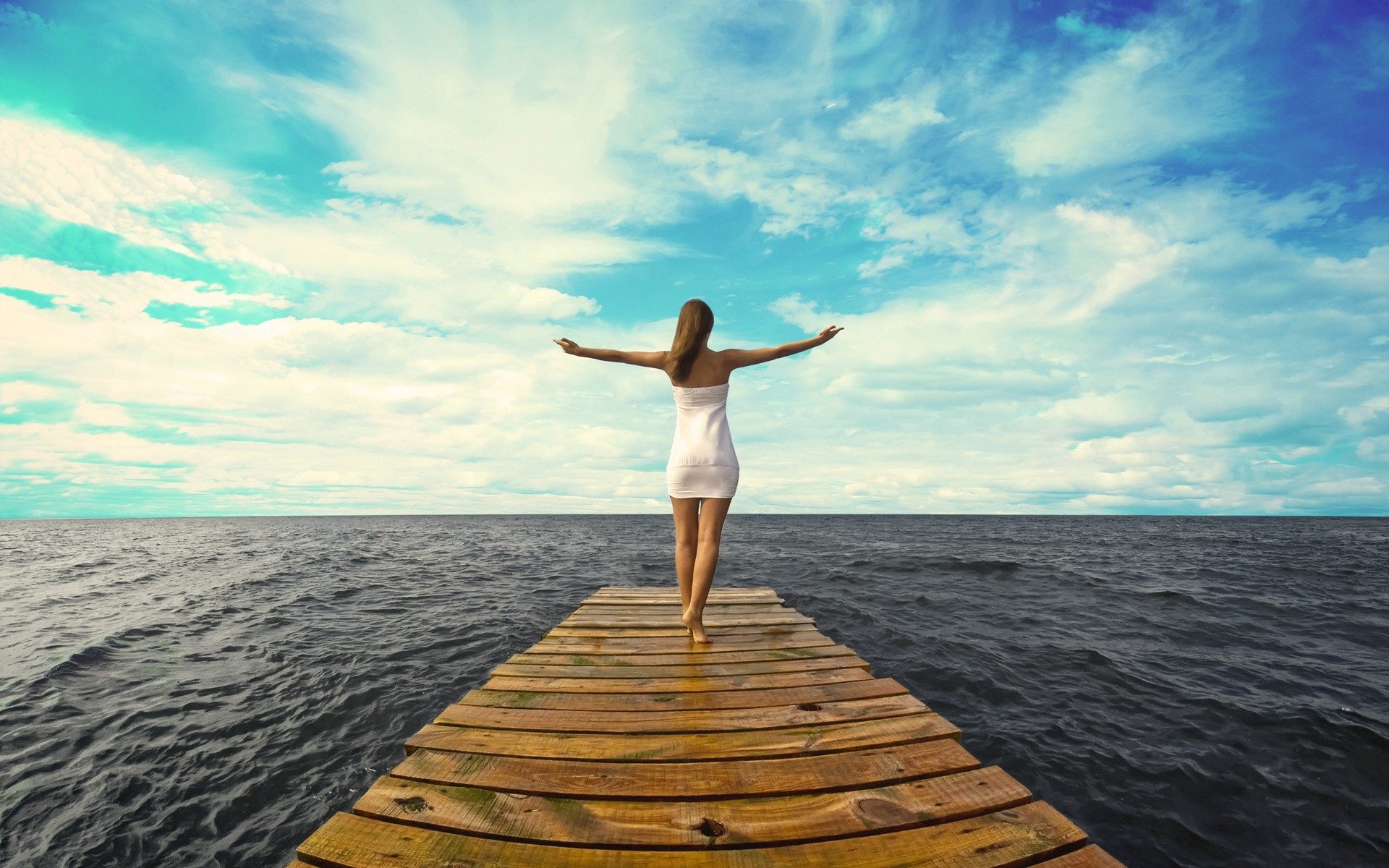 pier board sea ocean girl dress horizon sky cloud