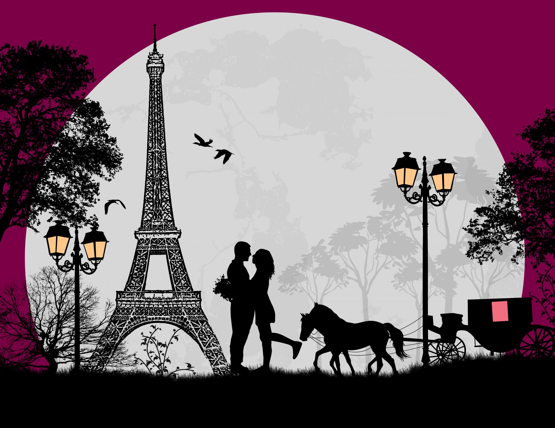 love romance couple trees birds cart horse full moon eiffel tower tree wagon