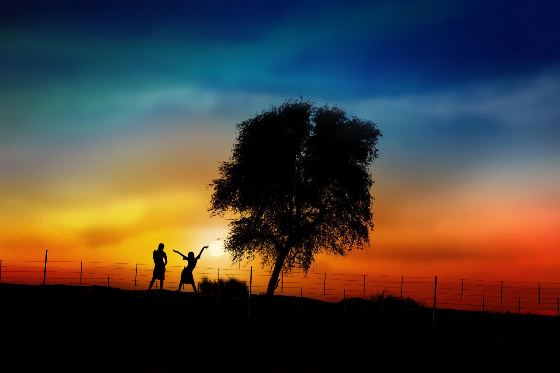 coucher de soleil arbre filles silhouettes