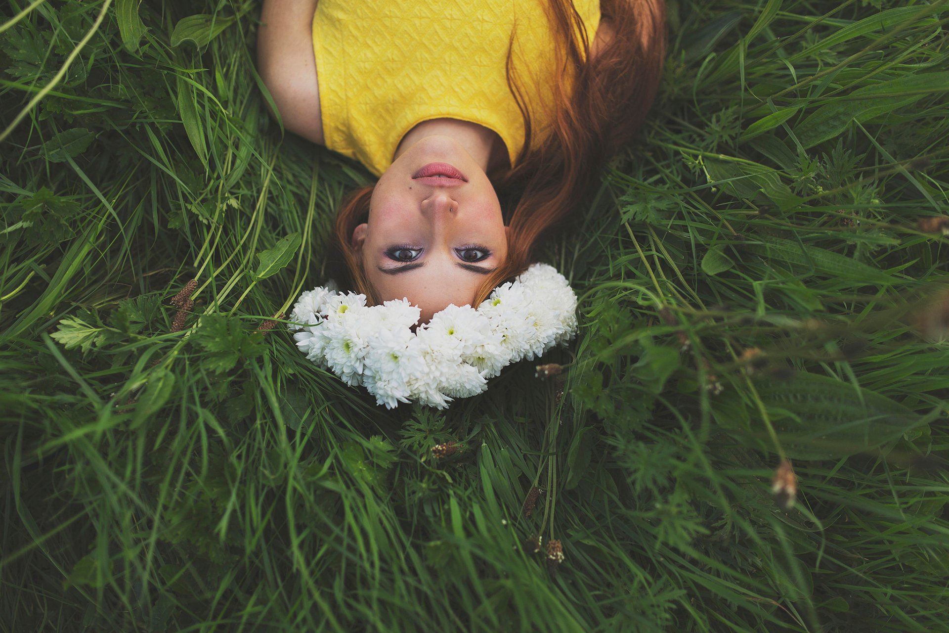 wonderful picture wreath red hair grass view girl