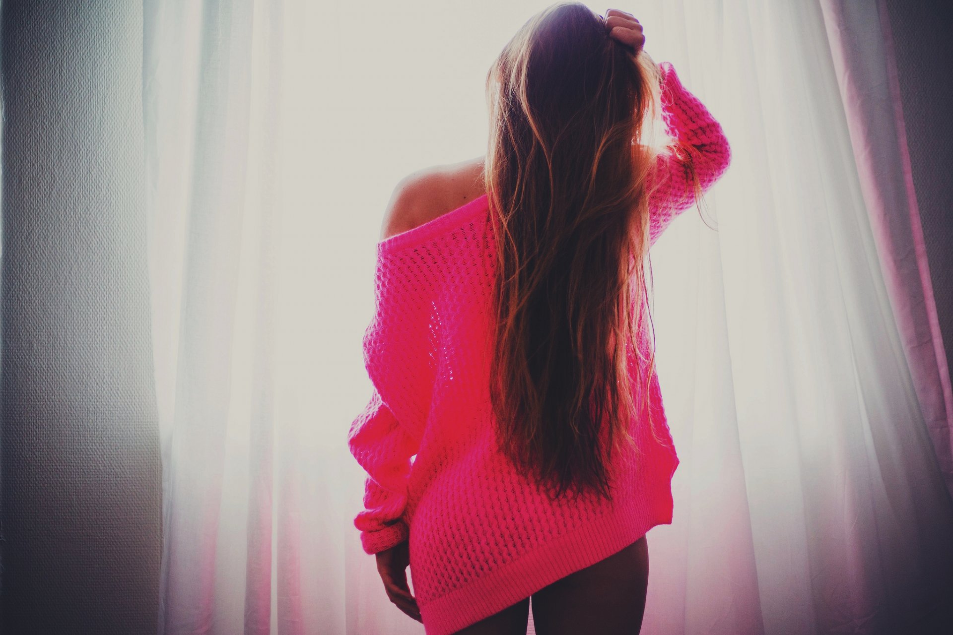 girl sweater pink hair is window curtains light