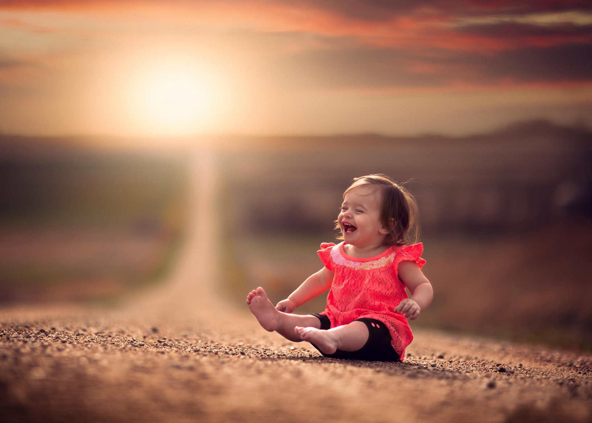 girl road bokeh laughter