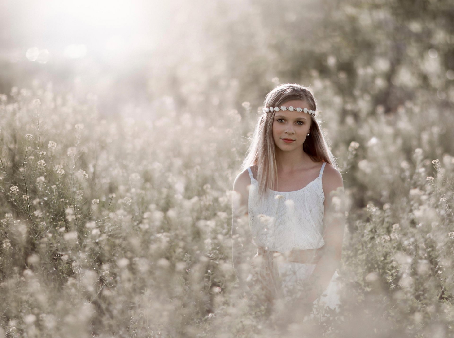 girl child portrait wreath sun bokeh