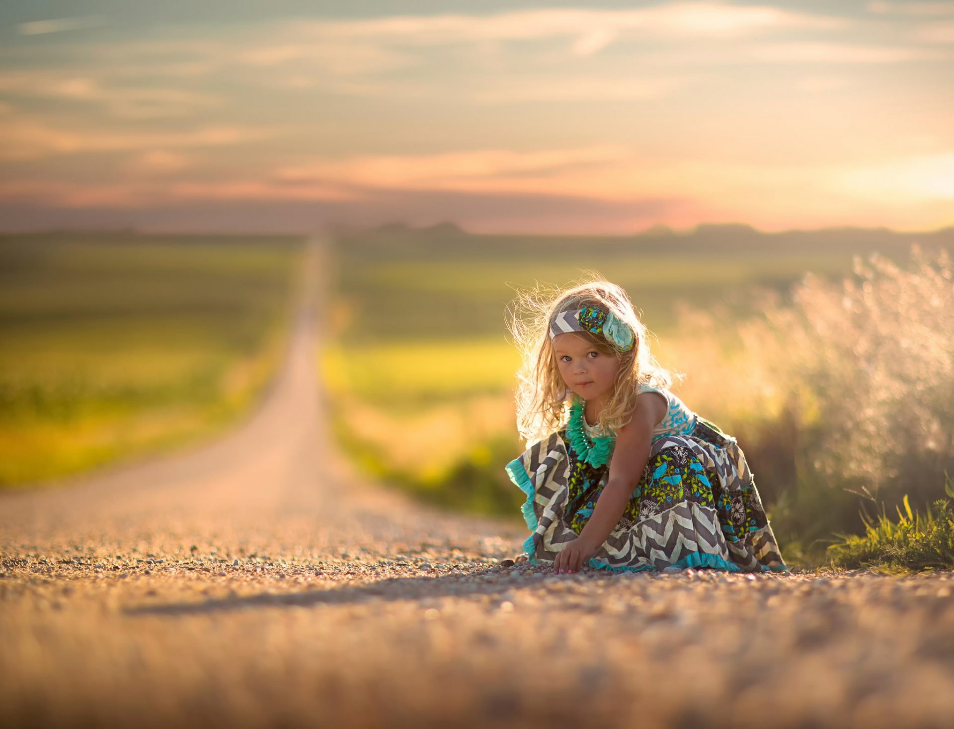 girl dress road space bokeh