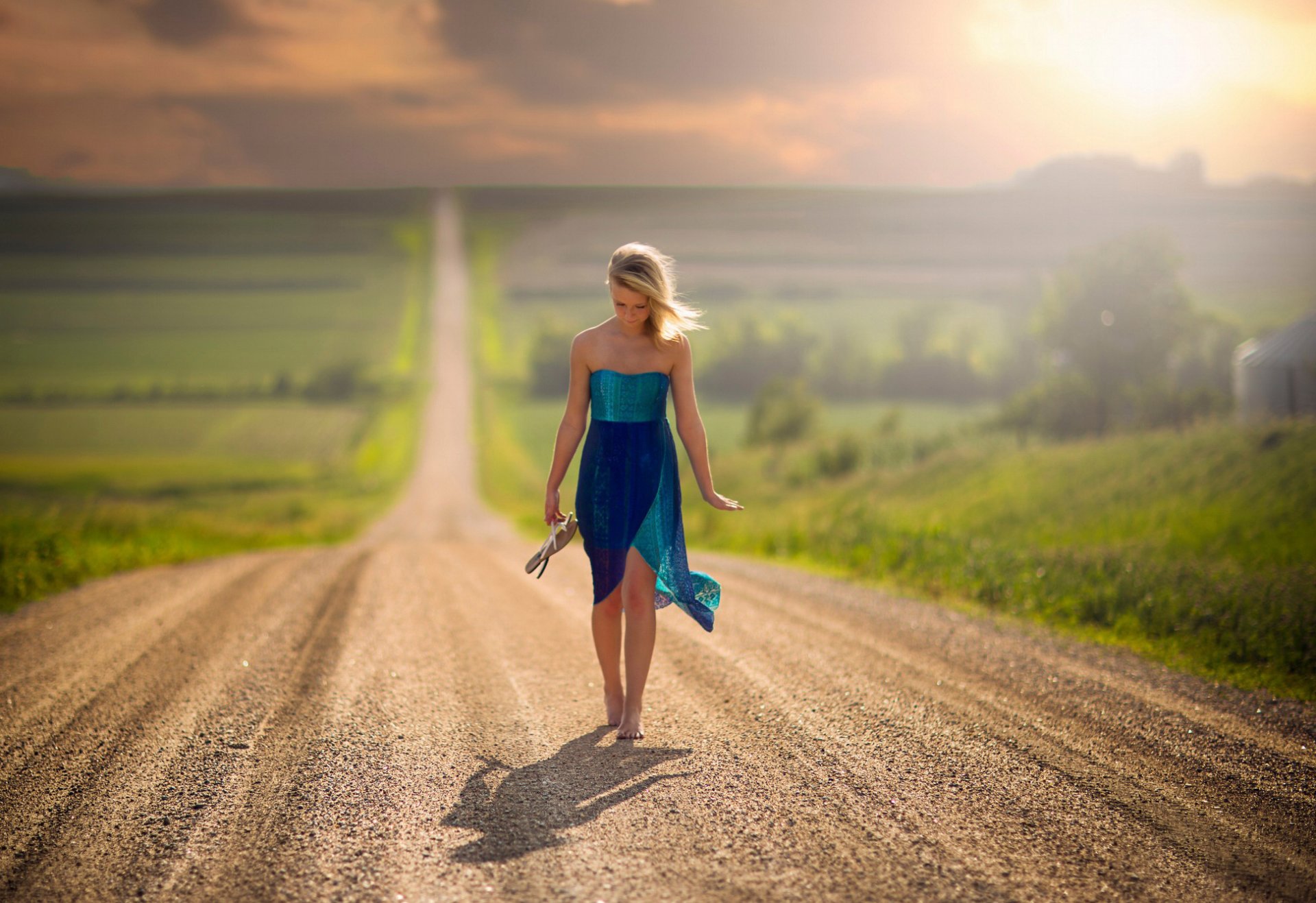 road space the way girl barefoot