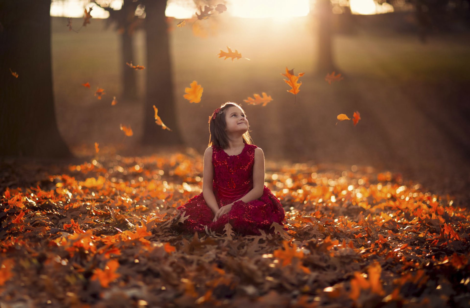 girl autumn dress leaves bokeh