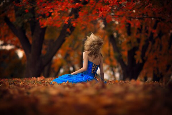 Fille assis dans le bois d automne