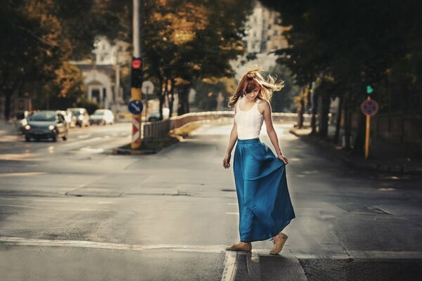 Girl on the road in the morning