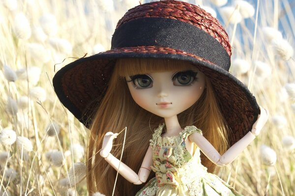 Poupée Barbie dans un champ avec un grand chapeau