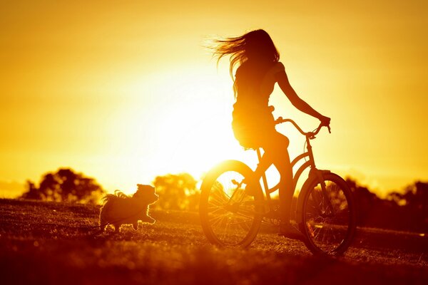 Chica en bicicleta se va al atardecer