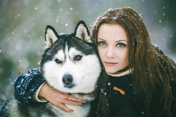 A girl with blue eyes and a husky dog
