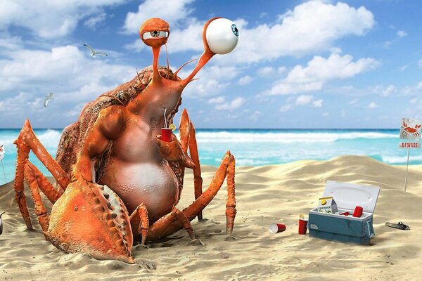 Crab on the ocean drinking a drink