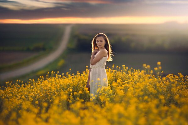 La jeune fille dans un champ de fleurs et disparaissant au loin la route