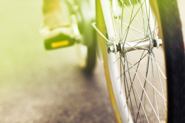 La rueda de la bicicleta está inundada de luz solar