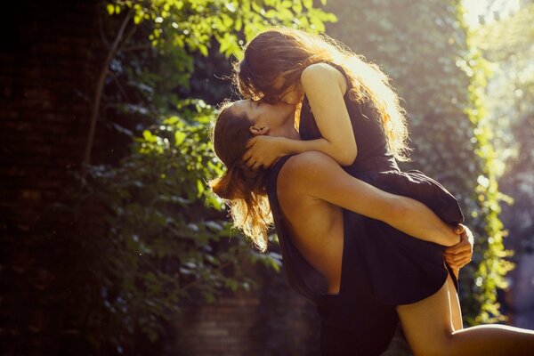 Romantic kiss of a happy couple