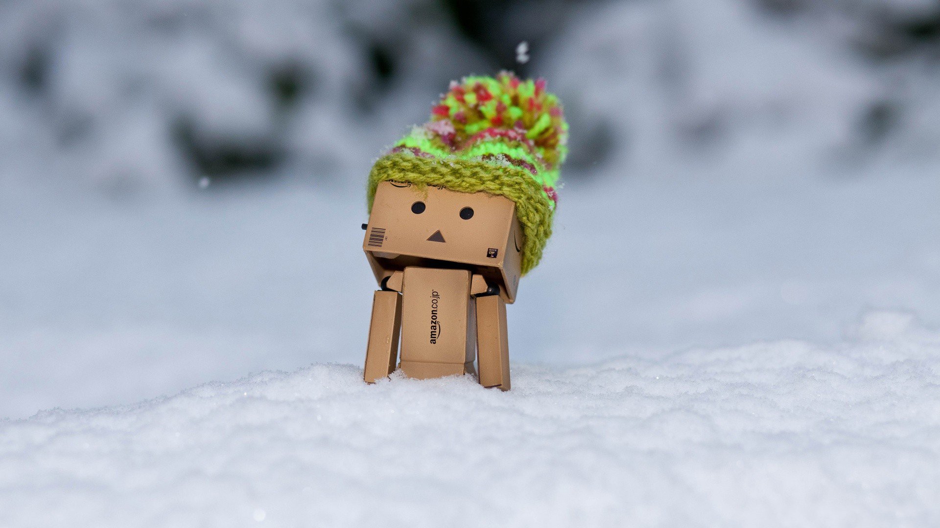 danbo amazon box boxed man winter schnee hut mütze frost