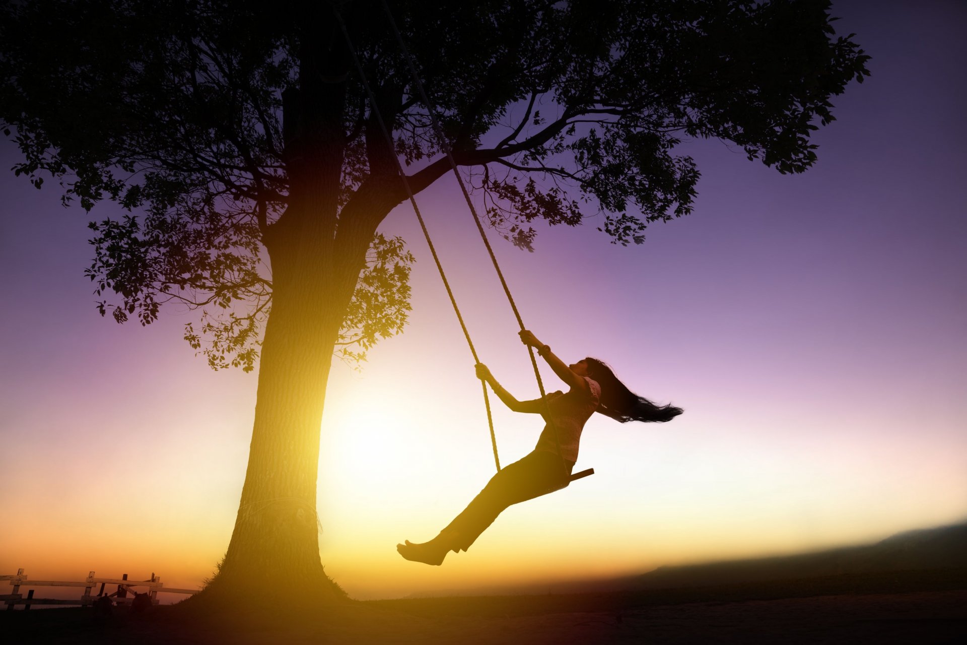 mood silhouette man girl sun brunette hair sunset tree swing background widescreen full screen wallpaper