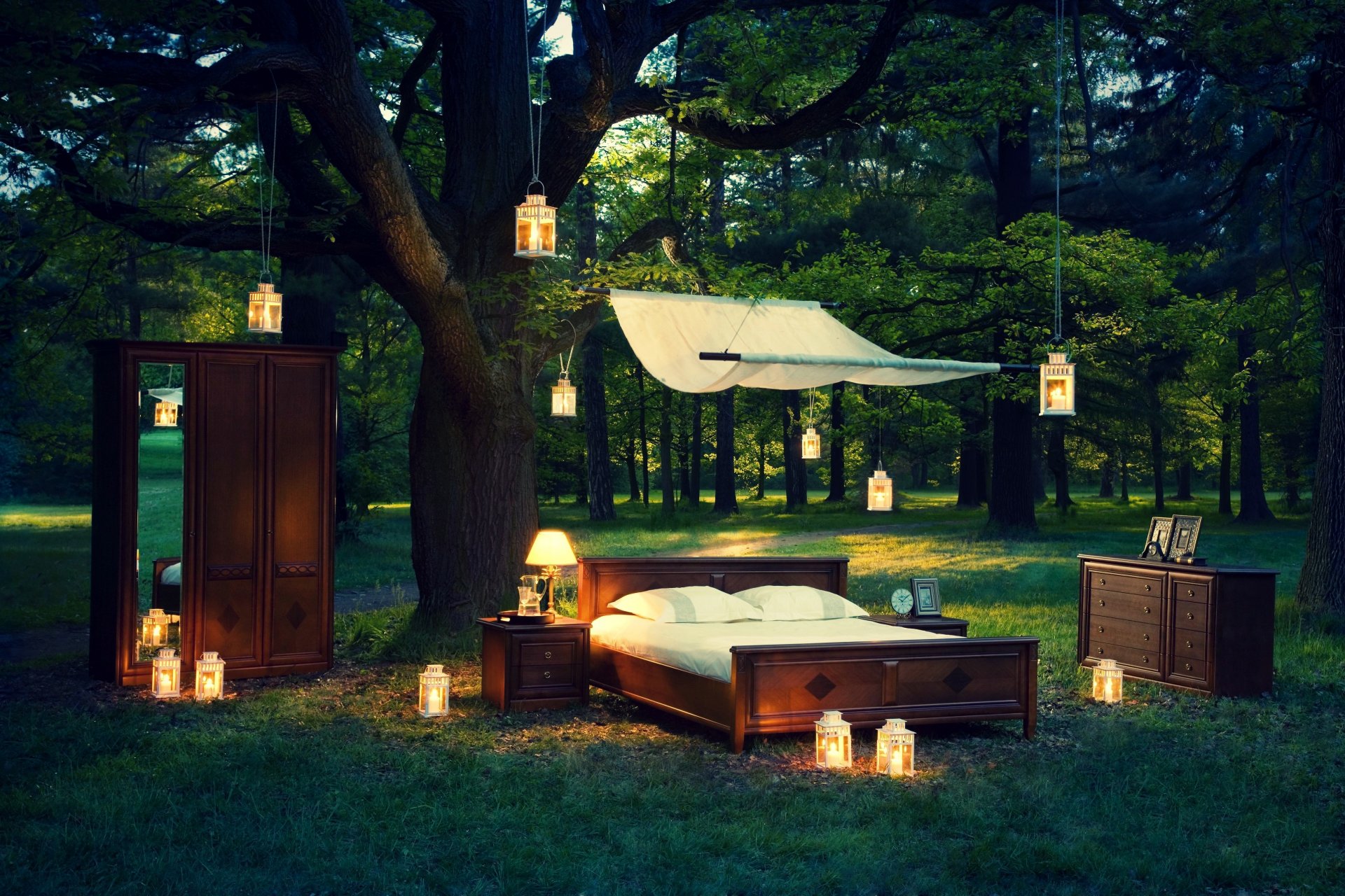 mood interior bed wardrobe chest of drawers furniture mirror lamp lantern lanterns night light nature grass greenery tree leaves trees leaves leave background wallpaper widescreen fullscreen widescreen wid