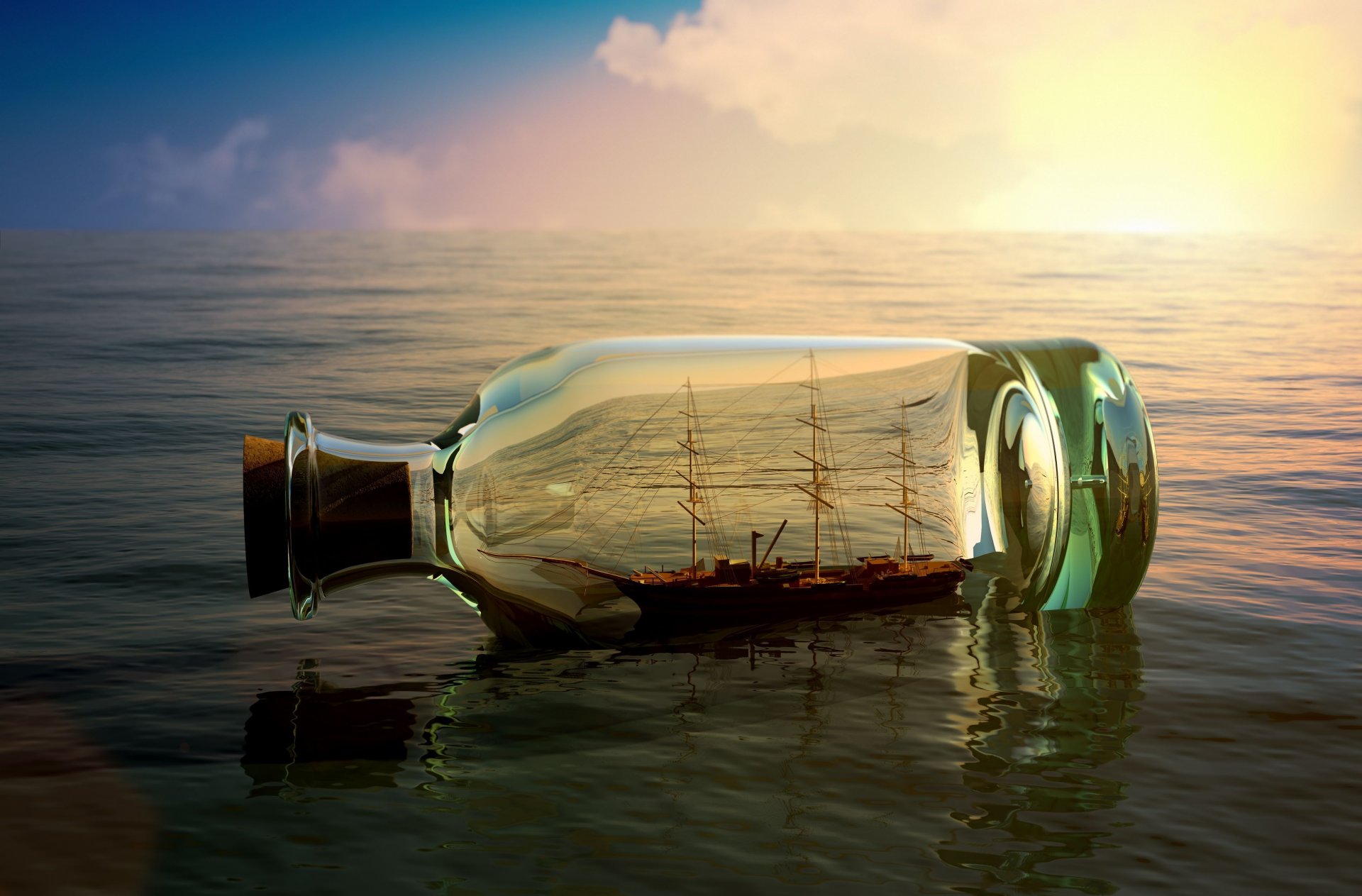 stimmung flasche schiff schiff boot wasser meer fluss himmel hintergrund tapete widescreen vollbild widescreen