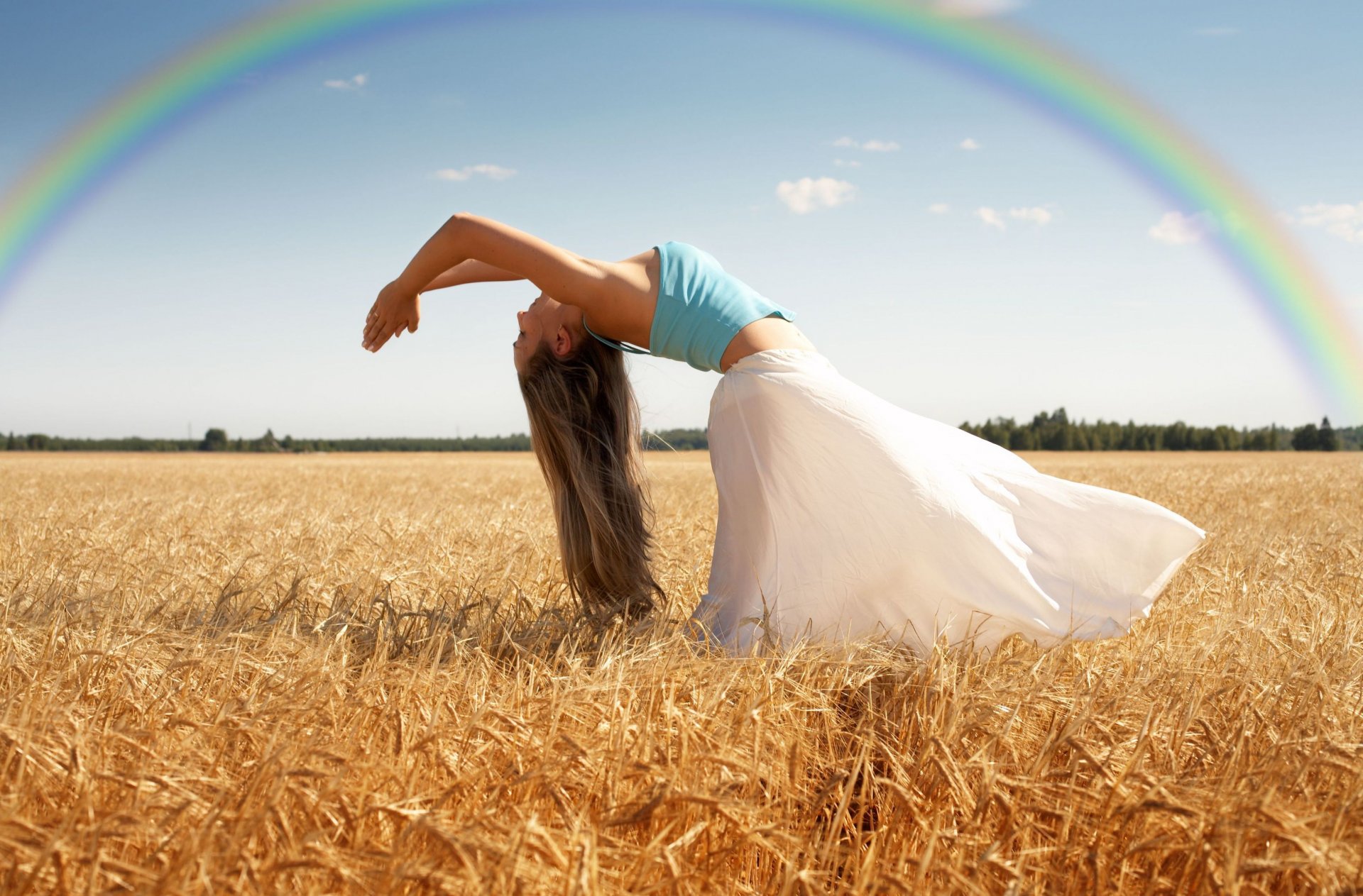 stati d animo ragazza curva posa movimento azione corpo mani campo grano segale natura cielo arcobaleno alberi albero foglie fogliame sfondo carta da parati widescreen schermo intero widescreen widescreen