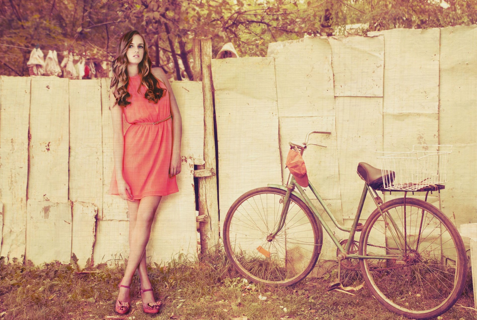 mood girl dress bike wheel fence tree foliage background wallpaper widescreen full screen hd wallpapers fullscreen