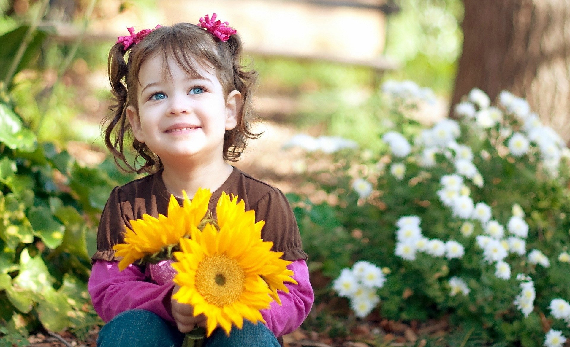 stati d animo bambini ragazza sorriso gioia viso sguardo fiori fiori girasoli margherite foglie natura sfondo carta da parati