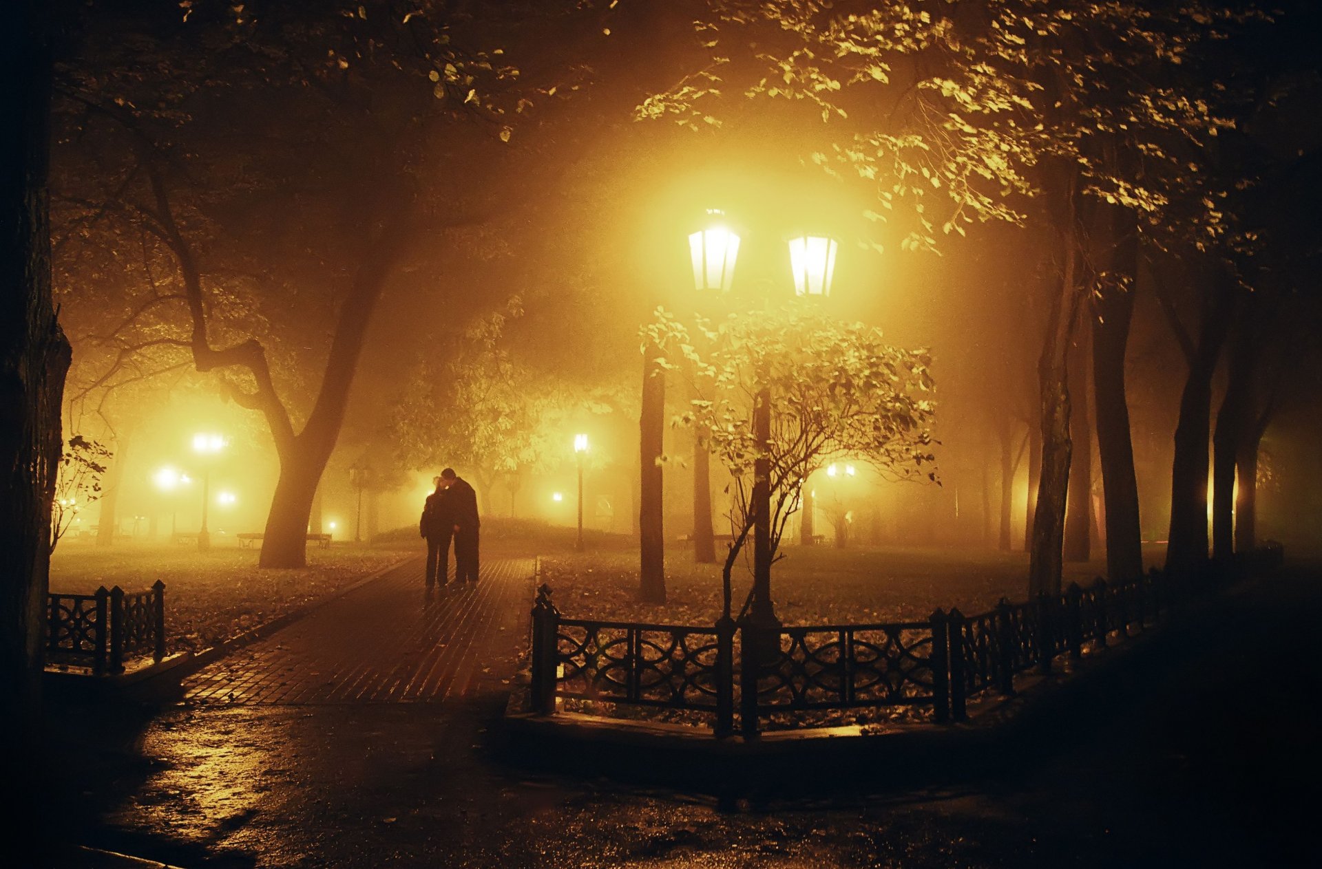 moods girl guy man woman couple love feelings kiss city lantern park square rest evening night light trees leaves nature background wallpaper widescreen fullscreen widescreen