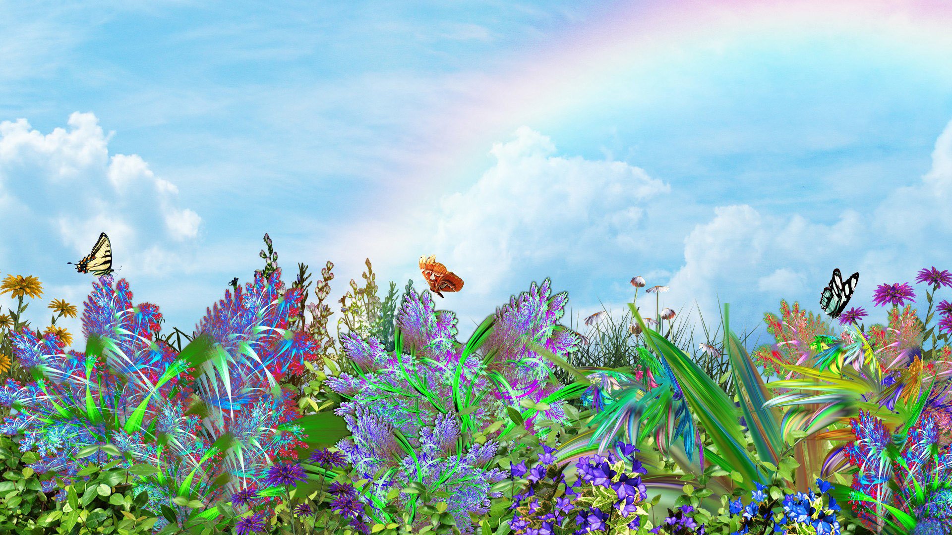 kunst stimmung blumen schmetterlinge himmel regenbogen natur landschaft