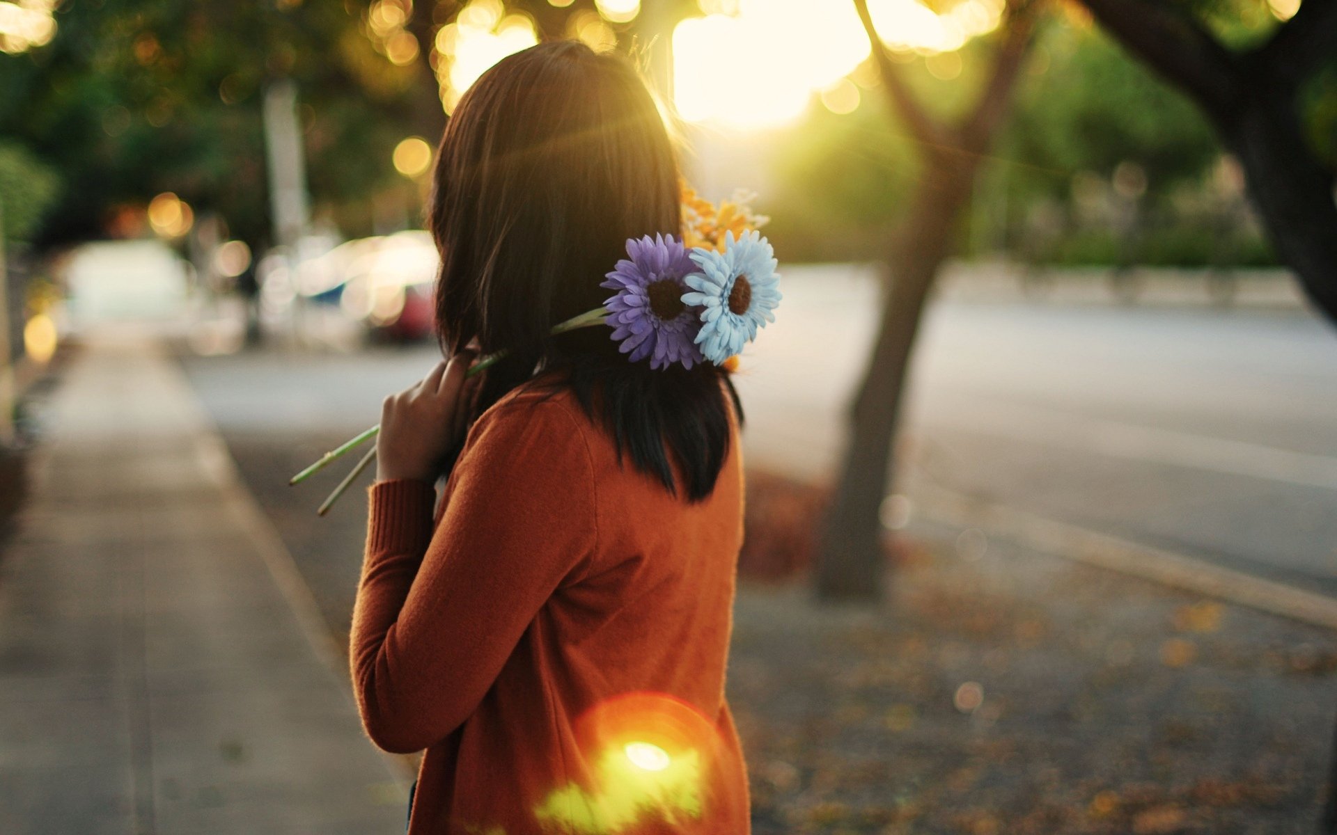 estado de ánimo chica morena flores flores púrpura azul naranja sol rayos calle ciudad bokeh fondo fondo de pantalla pantalla ancha pantalla completa pantalla ancha pantalla ancha