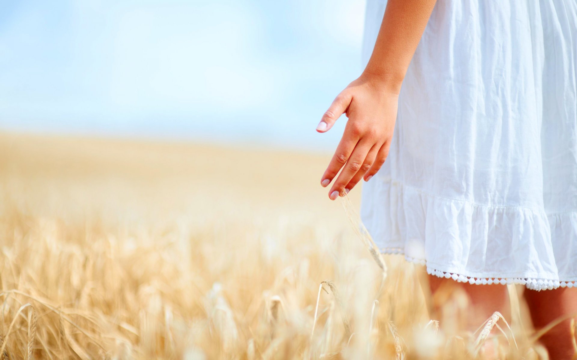 stimmung mädchen mädchen hand finger weiß kleid pflanze weizen roggen natur himmel unschärfe hintergrund widescreen vollbild widescreen tapete