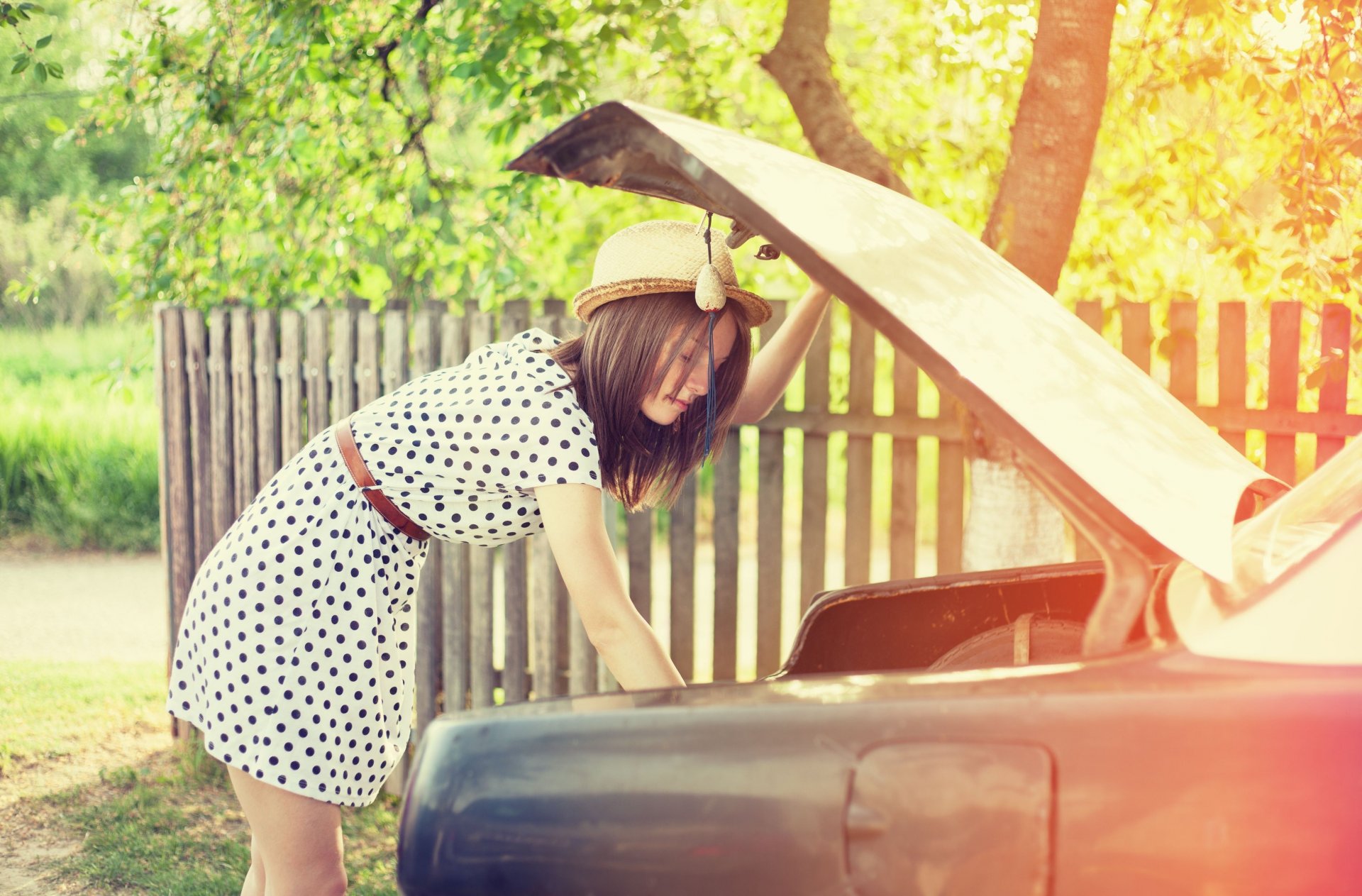 mood girl dress polka dots hat hat car fence fence tree trees leaves foliage sun background wallpaper widescreen fullscreen widescreen widescreen