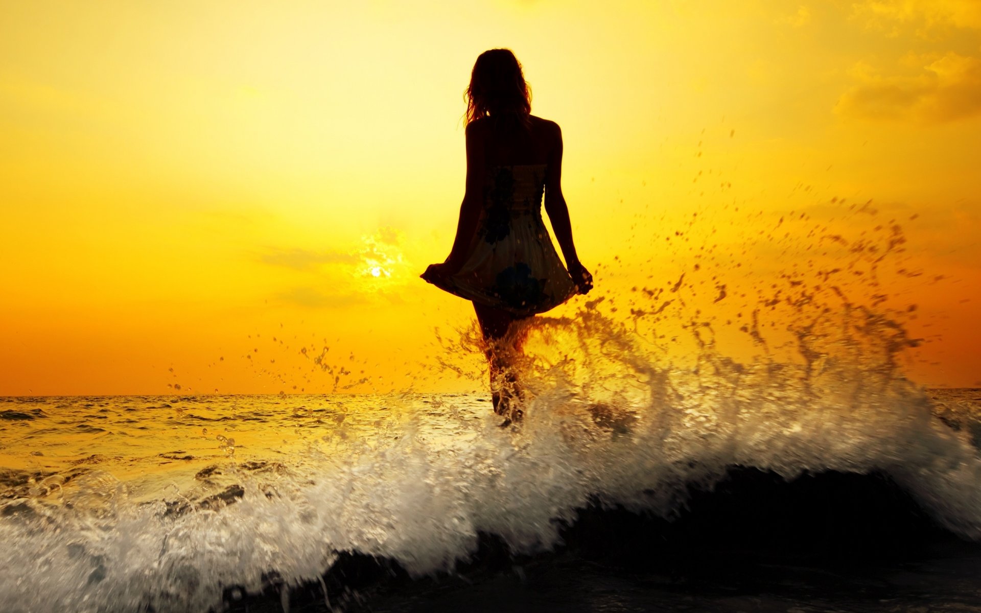 mood girl a woman figure silhouette hair wet water spray wave waves river sea dress sun sunset background wallpaper widescreen full screen hd wallpaper