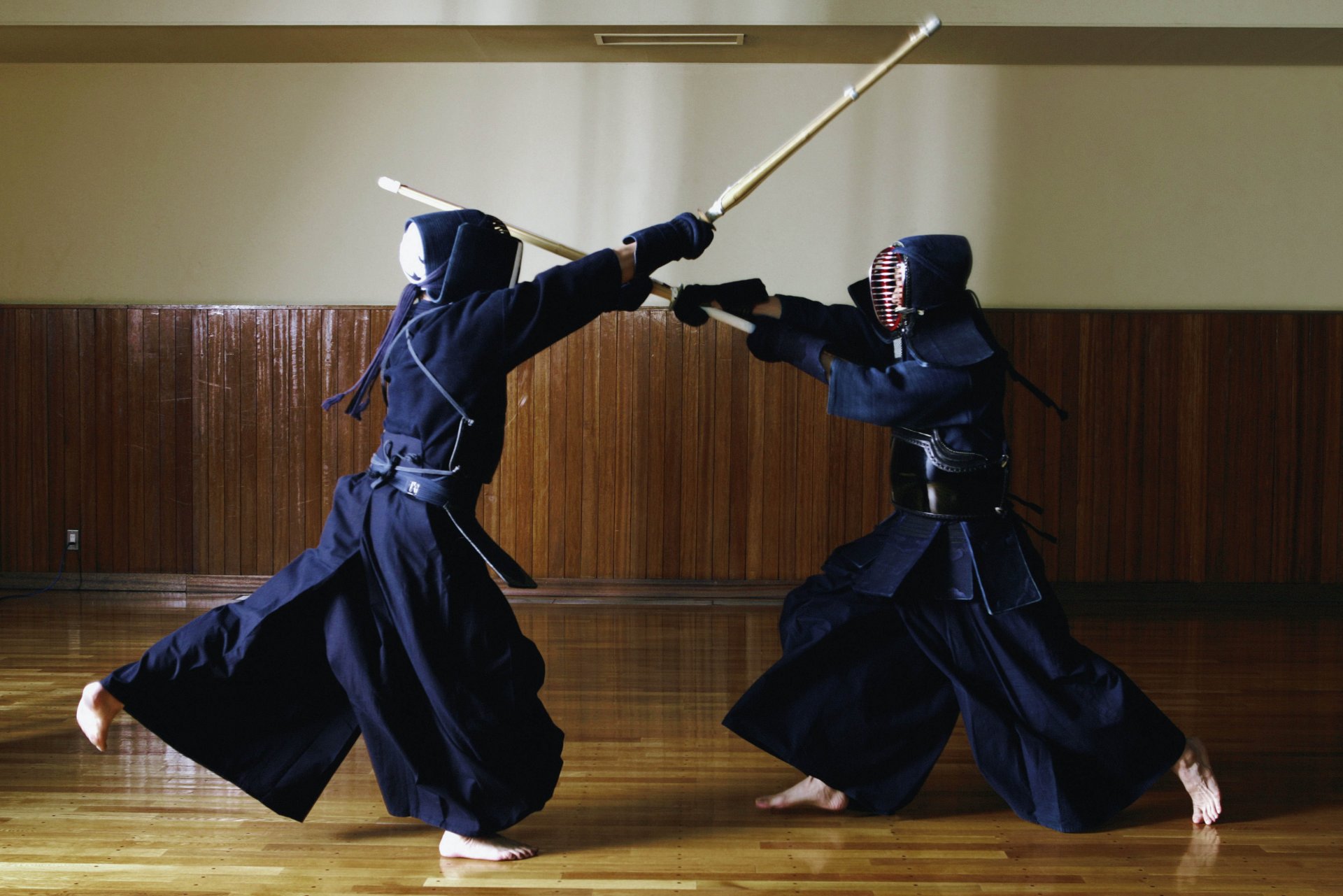 mood sports kendo way sword japanese military art based on techniques possession samurai sword fencing bamboo swords duel two girls japanese in kendo instead of katana used training sword sinai consisting of