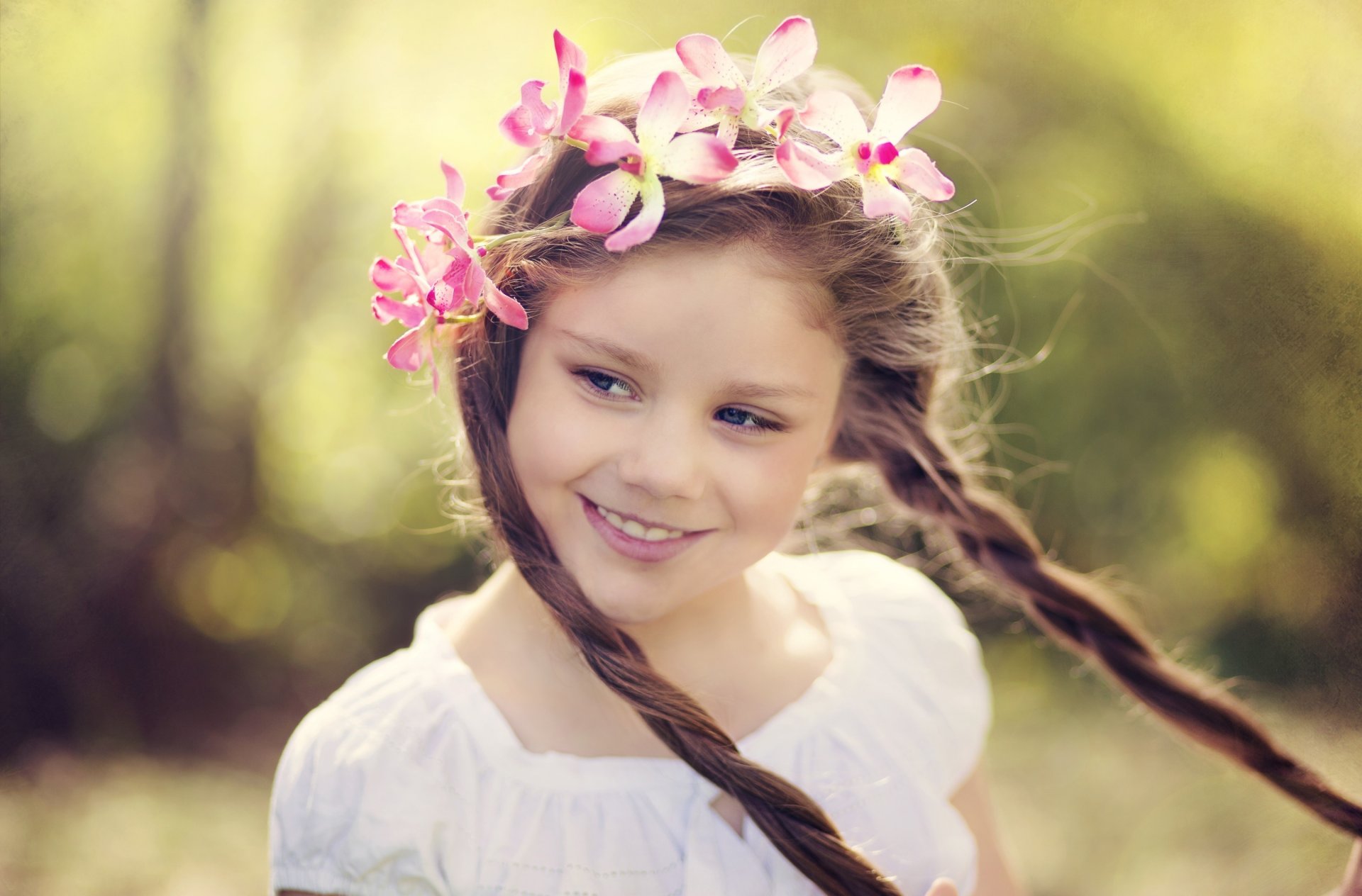 moods girl children smile look wreath wreath flowers flowers pigtails movement face blur bokeh background wallpaper widescreen fullscreen widescreen widescreen