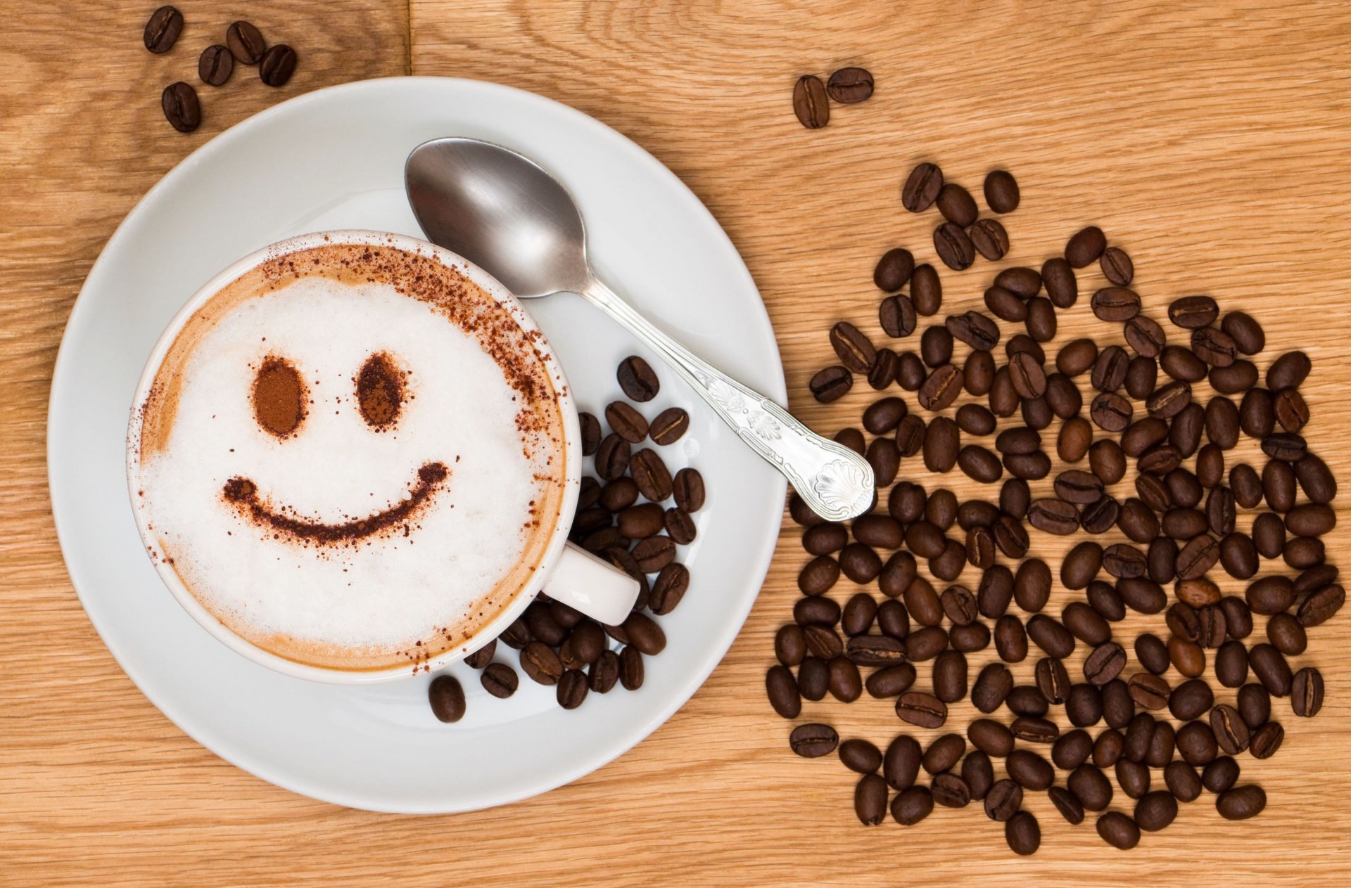 stimmung kaffee cappuccino tasse teller bett körner lächeln freude hintergrund tapete widescreen vollbild widescreen